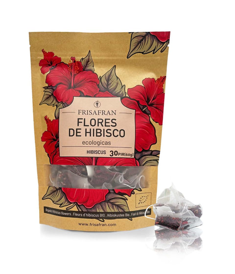 FRISAFRAN | Flores de Hibisco Ecológico en Pirámides 30uds | 60g | Flor de Jamaica | Flor de Hibisco | Agua de Jamaica | Infusión de hibisco | Té de hibisco | Reparación de Piel | Desintoxicación