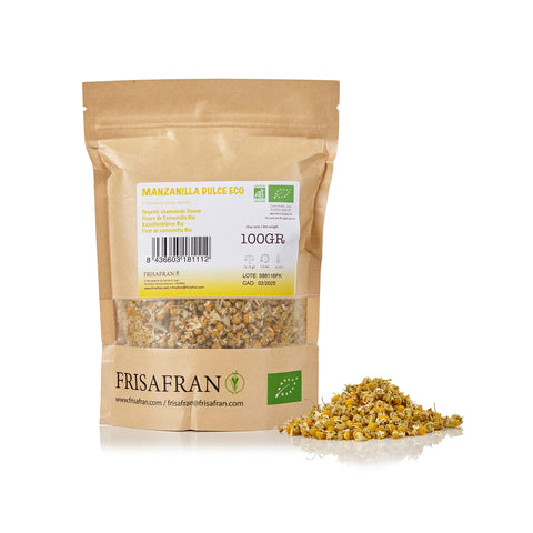 FRISAFRAN | Manzanilla infusión natural 100g | INFUSION MANZANILLA BIO | Infusión a granel | manzanilla en flor Ecológica | Tisana Eco | Digestiva y relajante | Origen europa | Infusión de Hierbas