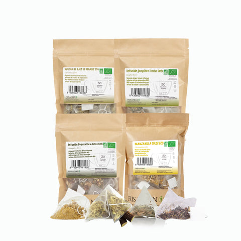 Pack de Infusiones Ecológicas en pirámides: Jengibre-Limón, Detox, Manzanilla Dulce y Regaliz, 100% naturales y saludables.