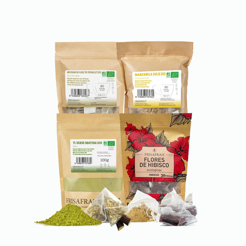 Pack Premium Relajante Ecológico: 30 pirámides de Hibisco, Manzanilla Dulce, Regaliz y 100g de Té Verde Matcha. Ideal para relajar cuerpo y mente.