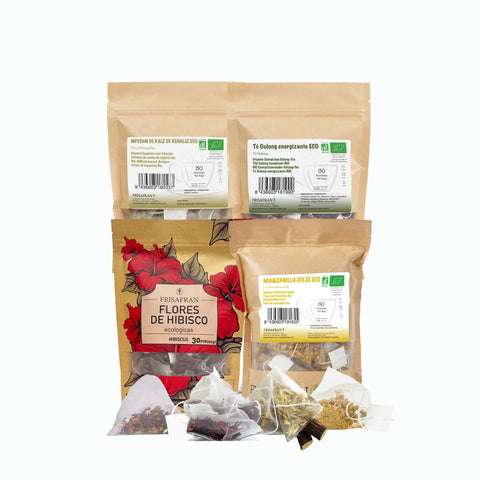 Pack Digestivo Ecológico con infusiones de Oolong, Hibisco, Manzanilla y Regaliz en pirámides.