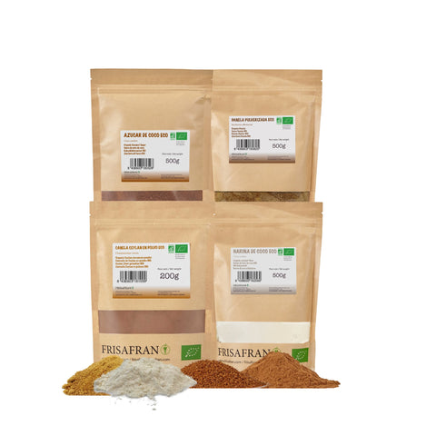 Pack Ecológico de Coco y Panela: harina de coco, chips de coco, panela y canela. Natural y perfecto para recetas