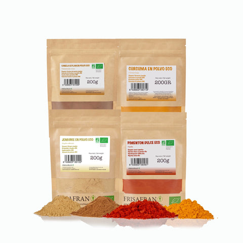 Pack Top Ventas: Cúrcuma, Jengibre, Canela y Pimentón, ingredientes ecológicos para tus recetas saludables.